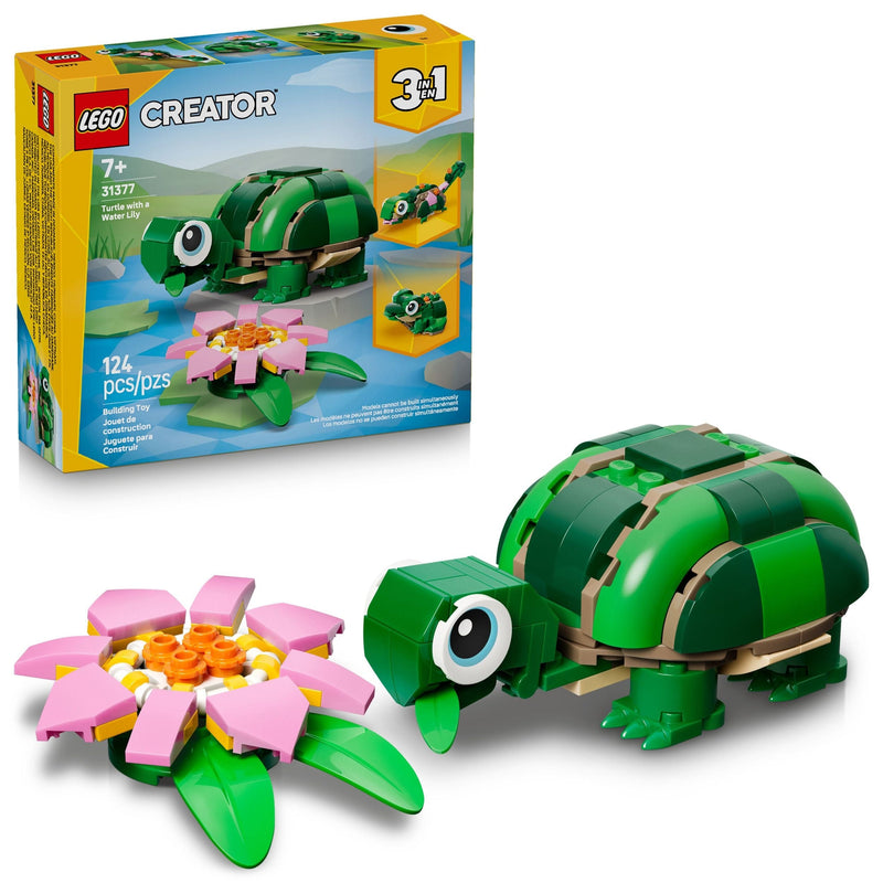 LEGO Creator 3-in-1 Turtle with a Water Lily Flower Toy Building Set - 31377, 124-pcs, Ages 7+ B1