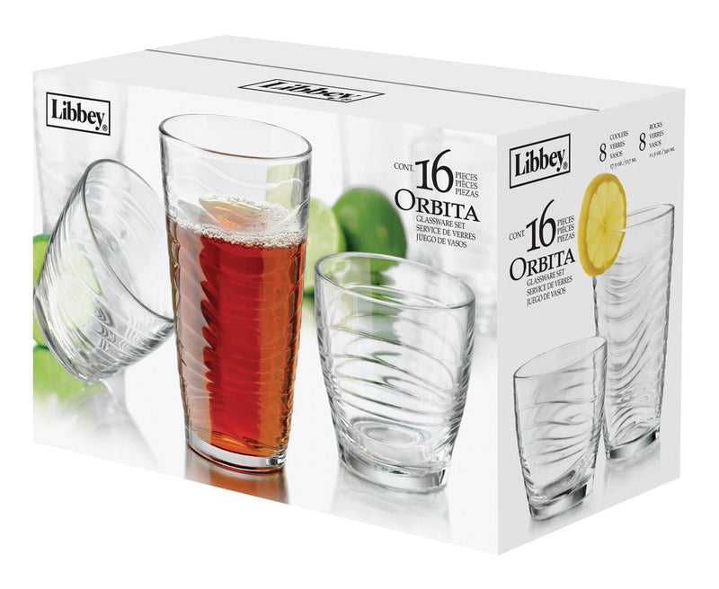 Libbey Orbita 16pc Tumbler Glassware Set, Dishwasher Safe, 8pc x 13-oz and 8pc x 18-oz Y3