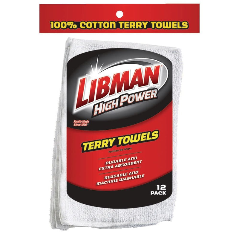 Libman Heavy Duty All-Purpose Machine Washable 100% Cotton Terry Towels, White, 12-pk I7