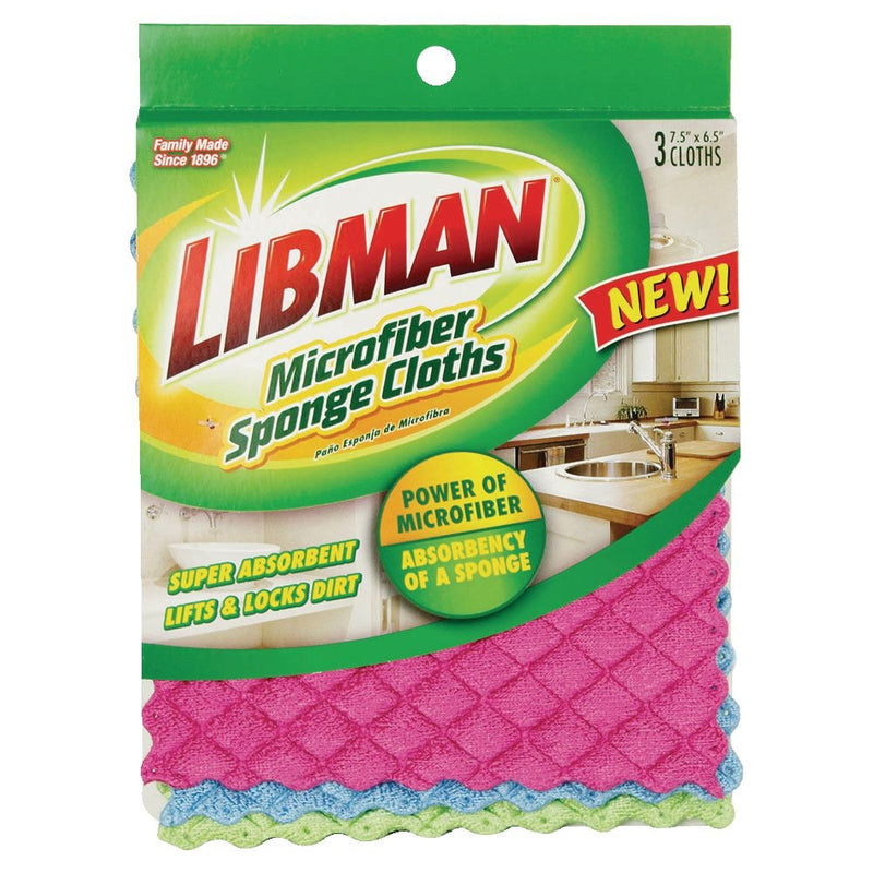 Libman Machine Washable Microfibre Sponge Cloths, Assorted Colours, 3-pk S1
