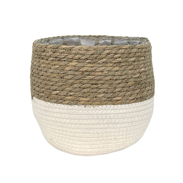 Lynne Weave Cotton Jute Round Basket Planter with Leaf-Proof Plastic Lining, 10-in S6