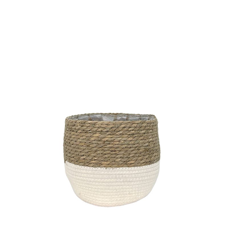 Lynne Weave Cotton Jute Round Basket Planter with Leaf-Proof Plastic Lining, 4-in E9