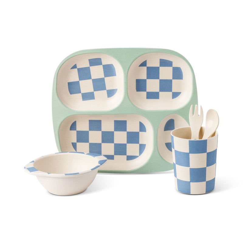 Manna Kids' Bamboo Fiber Dinnerware Set, Blue Check, 5-pc Q0