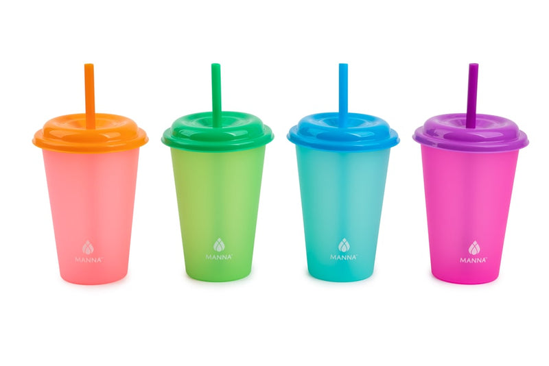 Manna Plastic Colour Changing Cups with Straws & Lids, 12-oz, 4-pk, Assorted Colours Y1