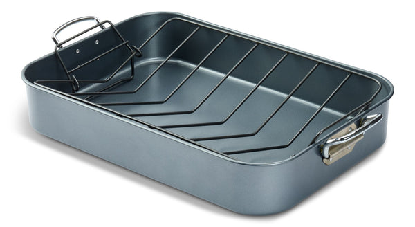Master Chef Heavy-Duty Grey Non-Stick Roaster with Handle and Rack, 17-in Y6