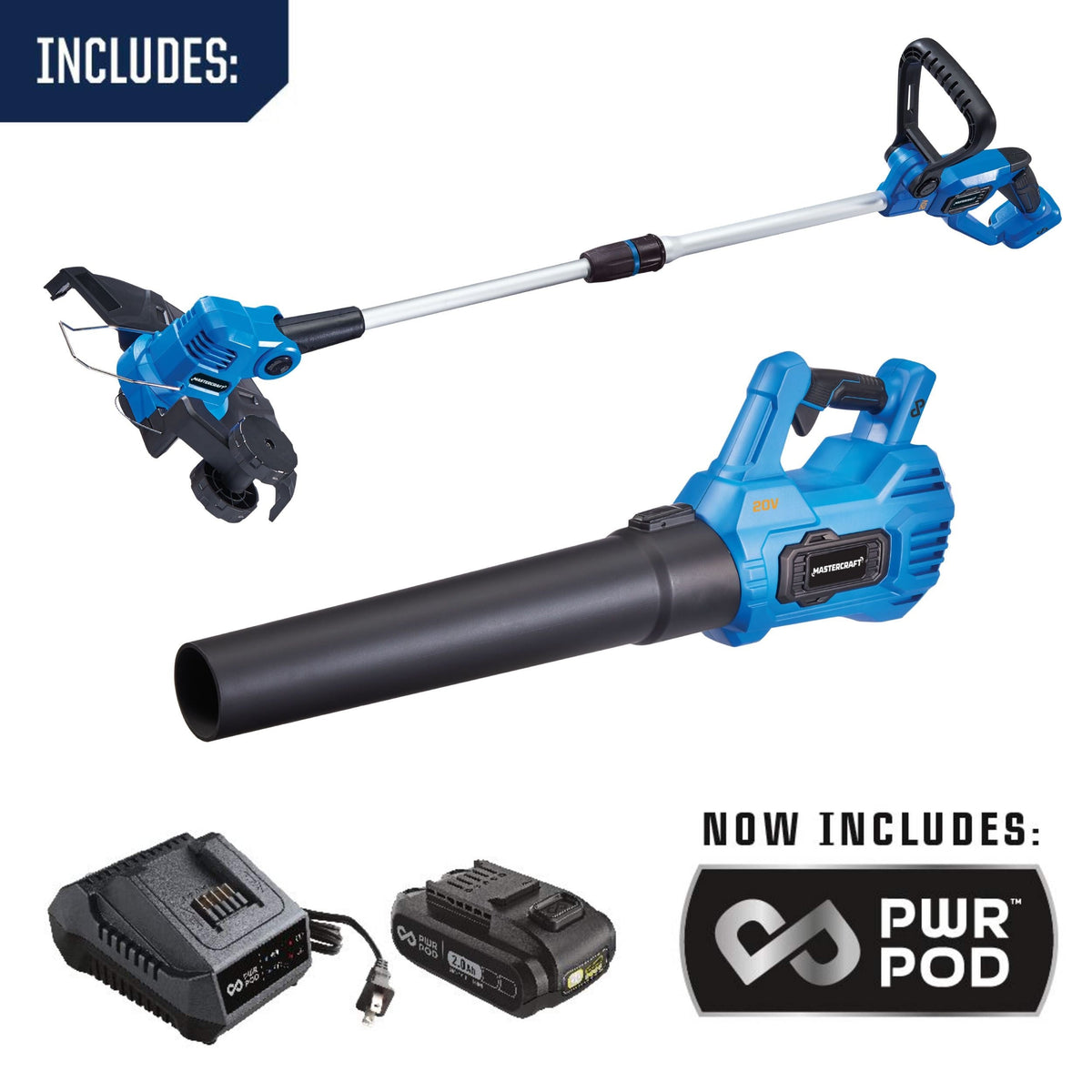 Mastercraft 20V Cordless 12" String Trimmer and 370CFM Blower Combo Kit with PWR POD 2 Ah Battery and Charger