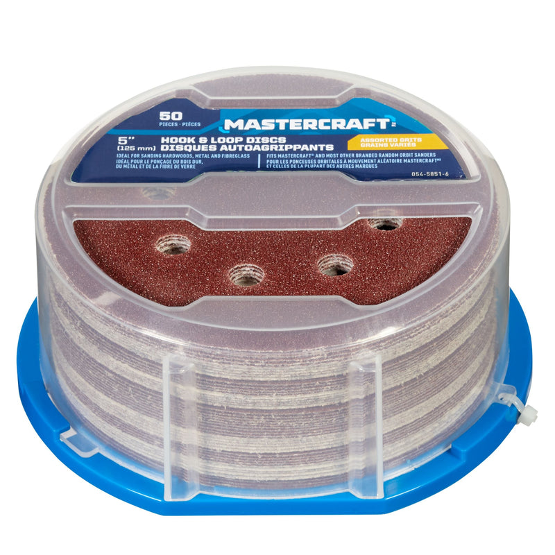 Mastercraft 5-in Assorted Grit Hook & Loop Aluminum Oxide 8-Hole Sanding Disc Set for Wood, Metal, 50-pc V0