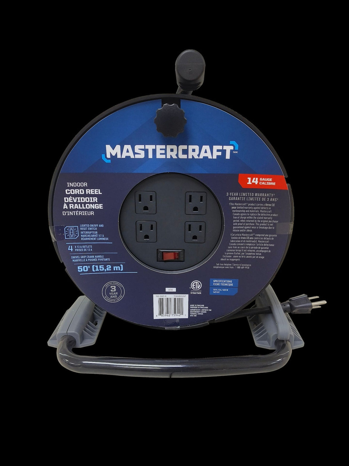 Mastercraft 50-ft 14-Gauge Black Cord Reel with Stand