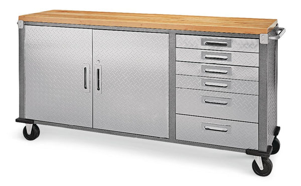 Mastercraft 72" Diamond Series 2-Door, 6-Drawer Wooden Top Work Station with Wheels, 72 x 21-5/8 x 37-1/2-in E3