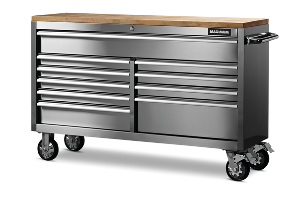 MAXIMUM Butcher Block Top Rolling Tool Storage Cabinet with 10 Drawers, Stainless Steel, 56-in W0