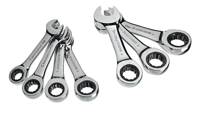 MAXIMUM Stubby Ratcheting Wrench Set, Metric, Nickel-Chrome Plating, 7-pc F0