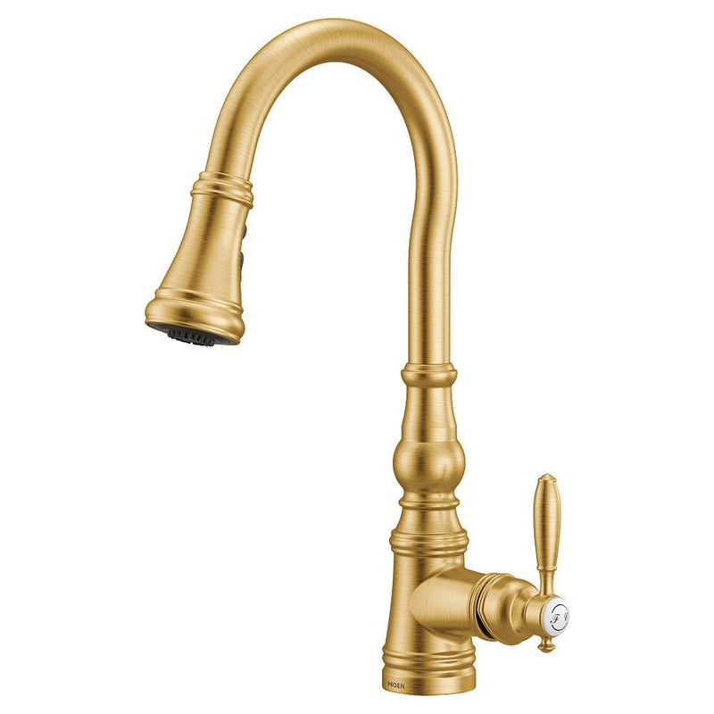 Moen Weymouth Single Handle High Arc Pull Down Sprayer Kitchen Faucet with Power Boost, Brushed Gold W8