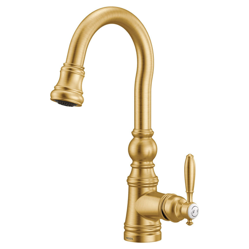 Moen Weymouth Single Handle High Arc Pull Down Sprayer Kitchen Faucet with Power Clean, Brushed Gold I6