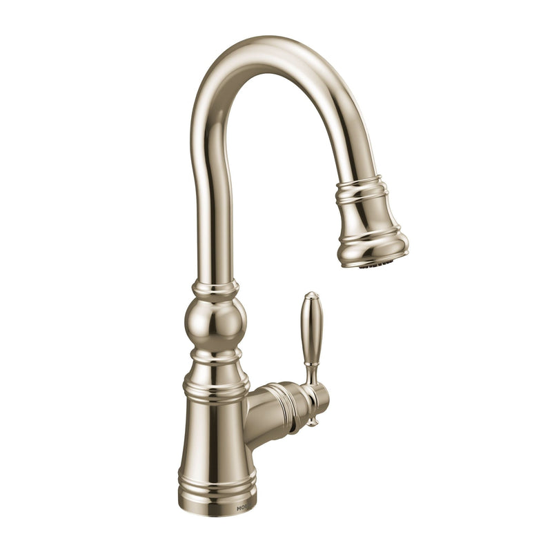 Moen Weymouth Single Handle High Arc Pull Down Sprayer Kitchen Faucet with Power Clean, Polished Nickel E0