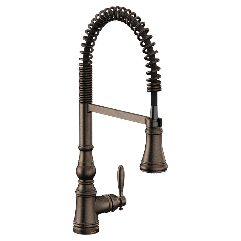 Moen Weymouth Single Handle Pre-Rinse Spring Pull Down Sprayer Kitchen Faucet with Power Boost, Oil Rubbed Bronze F1