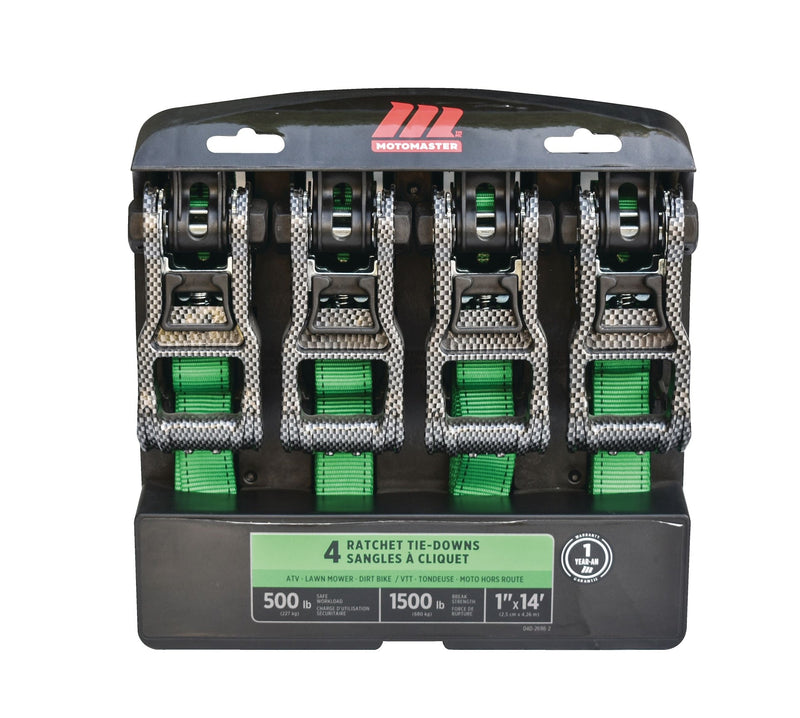 MotoMaster 1,500-lb Carbon Ratchet Tie Downs, Weatherproof, 1-in x 14-ft, 4-pk, Green D2