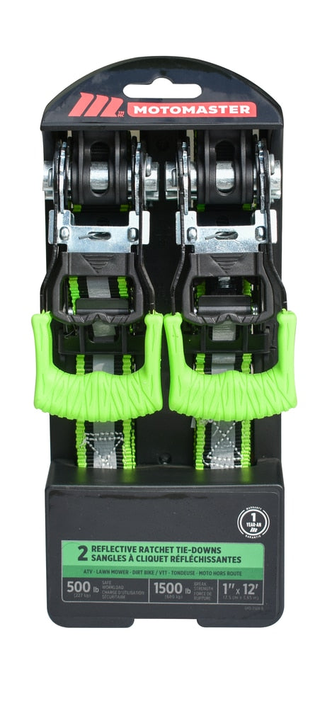 MotoMaster 1,500-lb Reflective Ratchet Tie-Down Strap with Padded D-Handle, 1-in x 12-ft, 2-pk P9