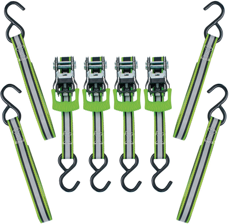 MotoMaster 1,500-lb Reflective Ratchet Tie Down Strap, with Padded D-Handle, 1-in x 12-ft, 4-pk, Green B2