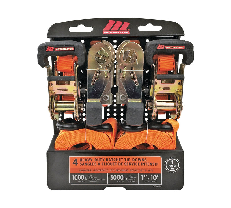 MotoMaster 3,000-lb Ratchet Tie Down Straps, with Power Grip Padded Handles, 1-in x 10-ft, 4-pk U5