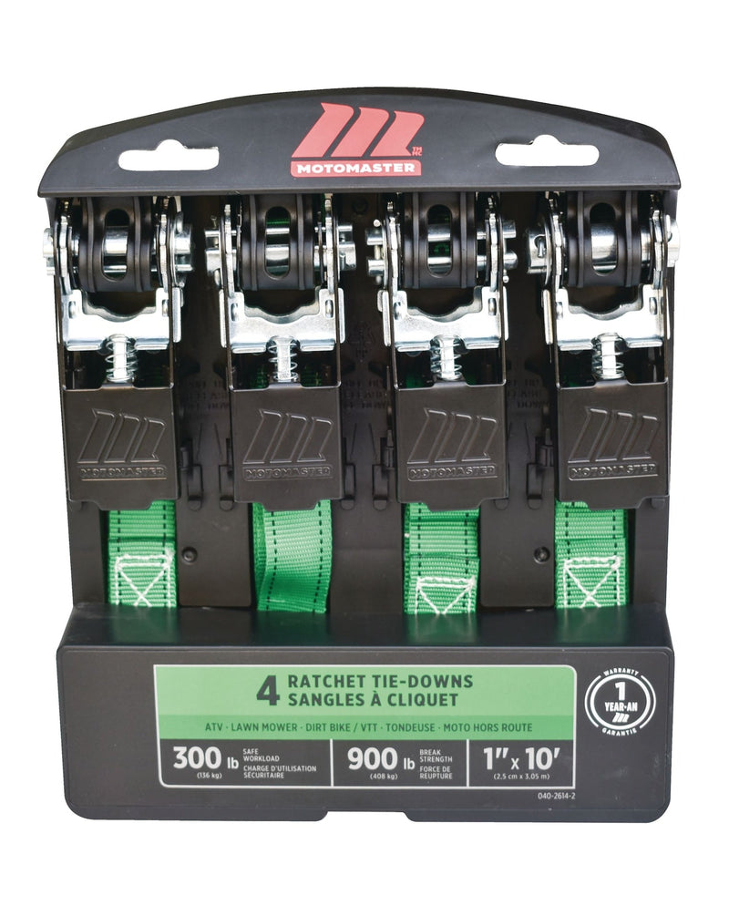 MotoMaster 900-lb Ratchet Tie-Down Straps, Non-Padded, 1-in x 10-ft, 4-pk Y9