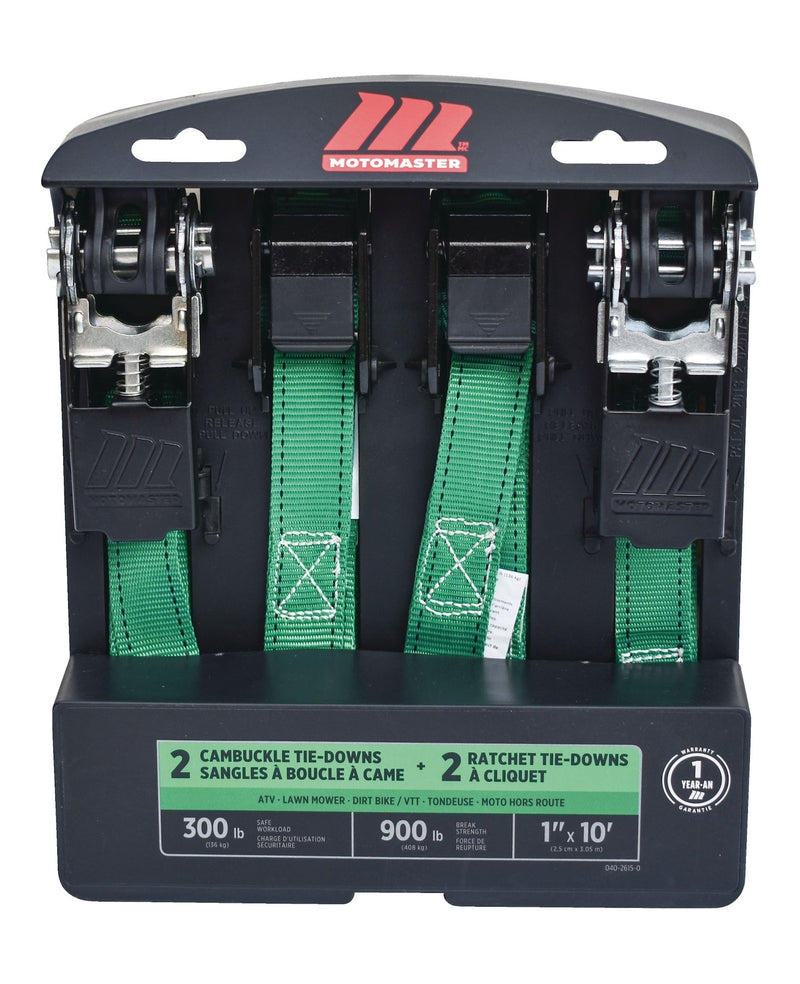 MotoMaster 900-lb Ratchet/Cambuckle Tie-Down Straps, Non-Padded, 1-in x 10-ft, 4-pk J8