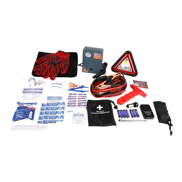 MotoMaster Executive Safety Kit with Booster Cables, Air Compressor & LED Flares W8
