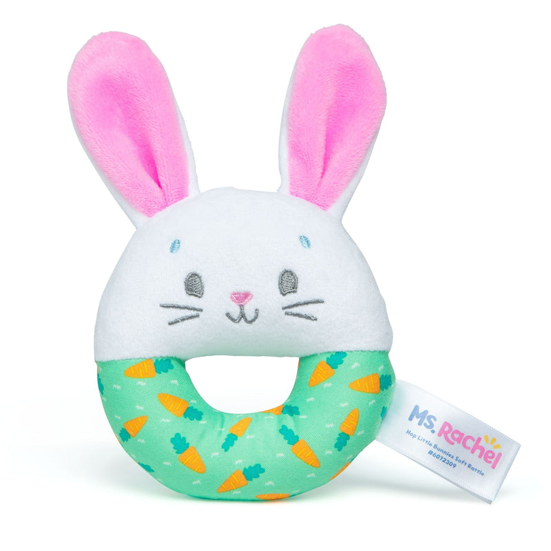 Ms. Rachel, Hop Little Bunnies Soft Rattle Toy, Baby Teething Toys with Plush Bunny Cover, Toddler Toys V4