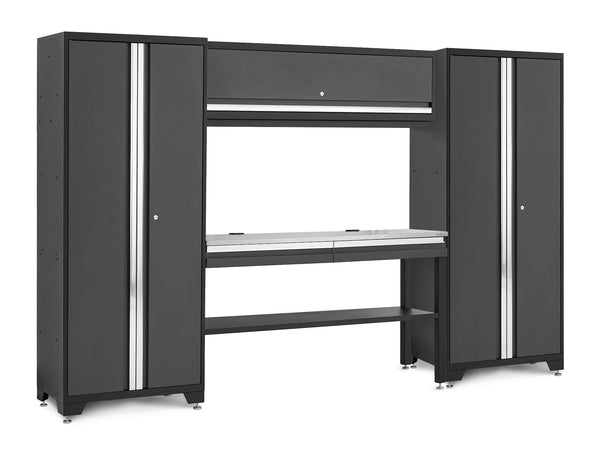 NewAge Bold 3.0 Series Lockable Steel Garage Cabinetry Set with Stainless Steel Top, Grey, 120-in x 18-in x 72-in, 5-pc E5