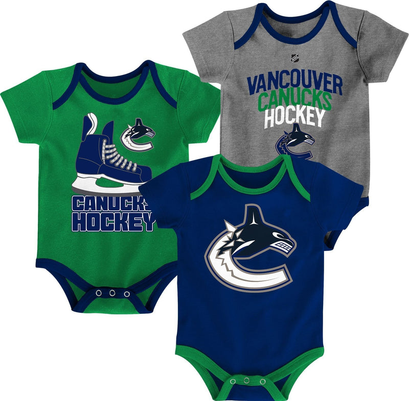 NHL Vancouver Canucks Infant/Baby Bodysuit Onesie, Blue/Green/Grey, 3-pk O6