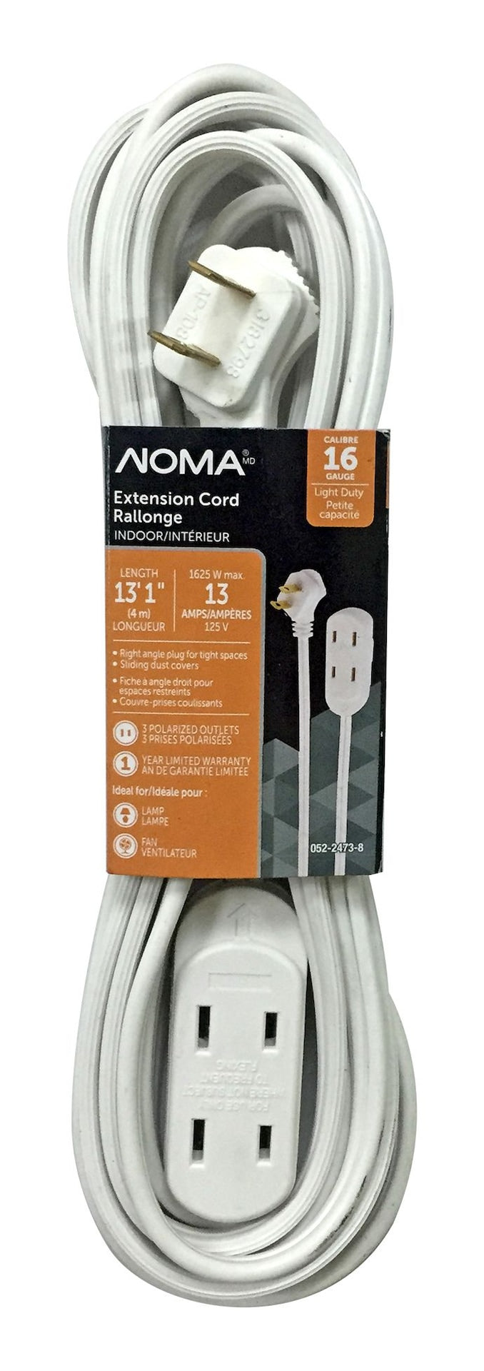 NOMA 15-ft 16/2 Indoor Extension Cord, 3 Outlets, Flat Plug, White Q9