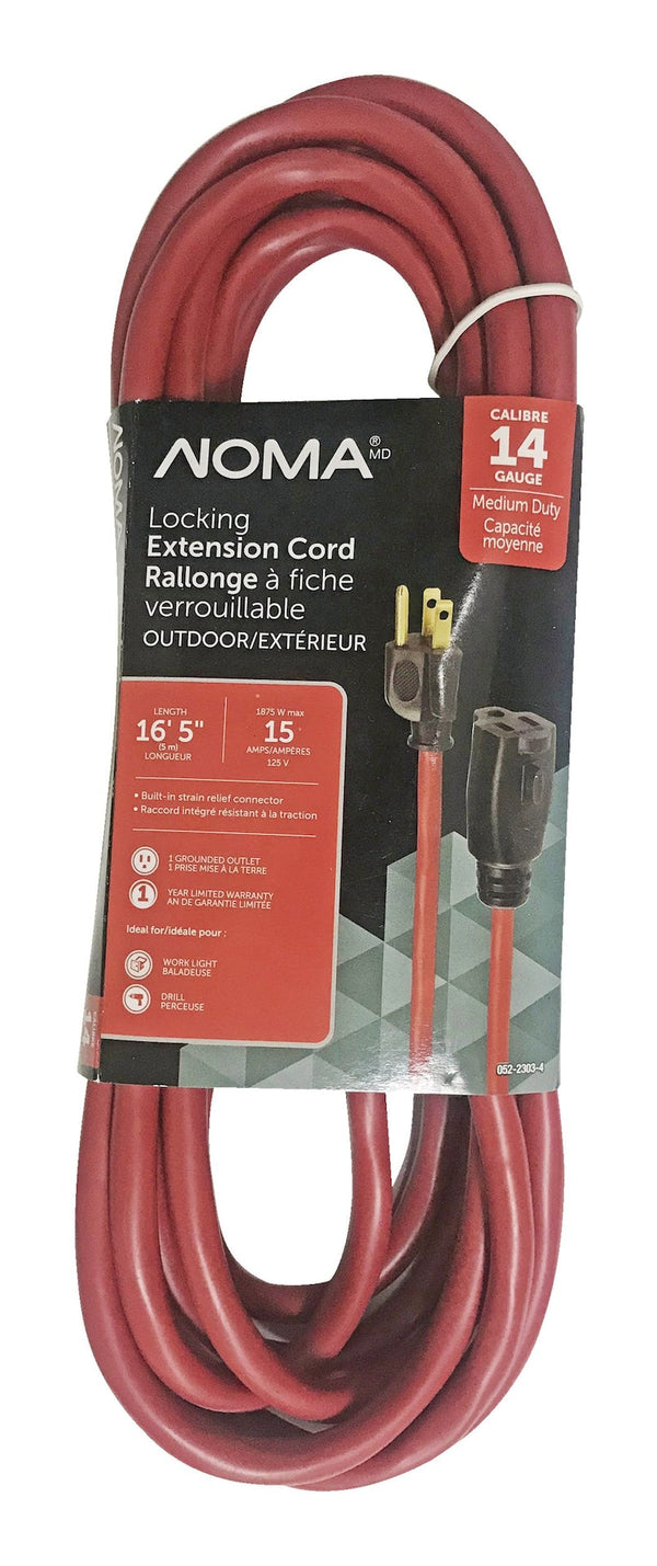 NOMA 16-ft 5-in 14/3 Outdoor Extension Cord with Grounded Outlet and Locking Connector, Red U3