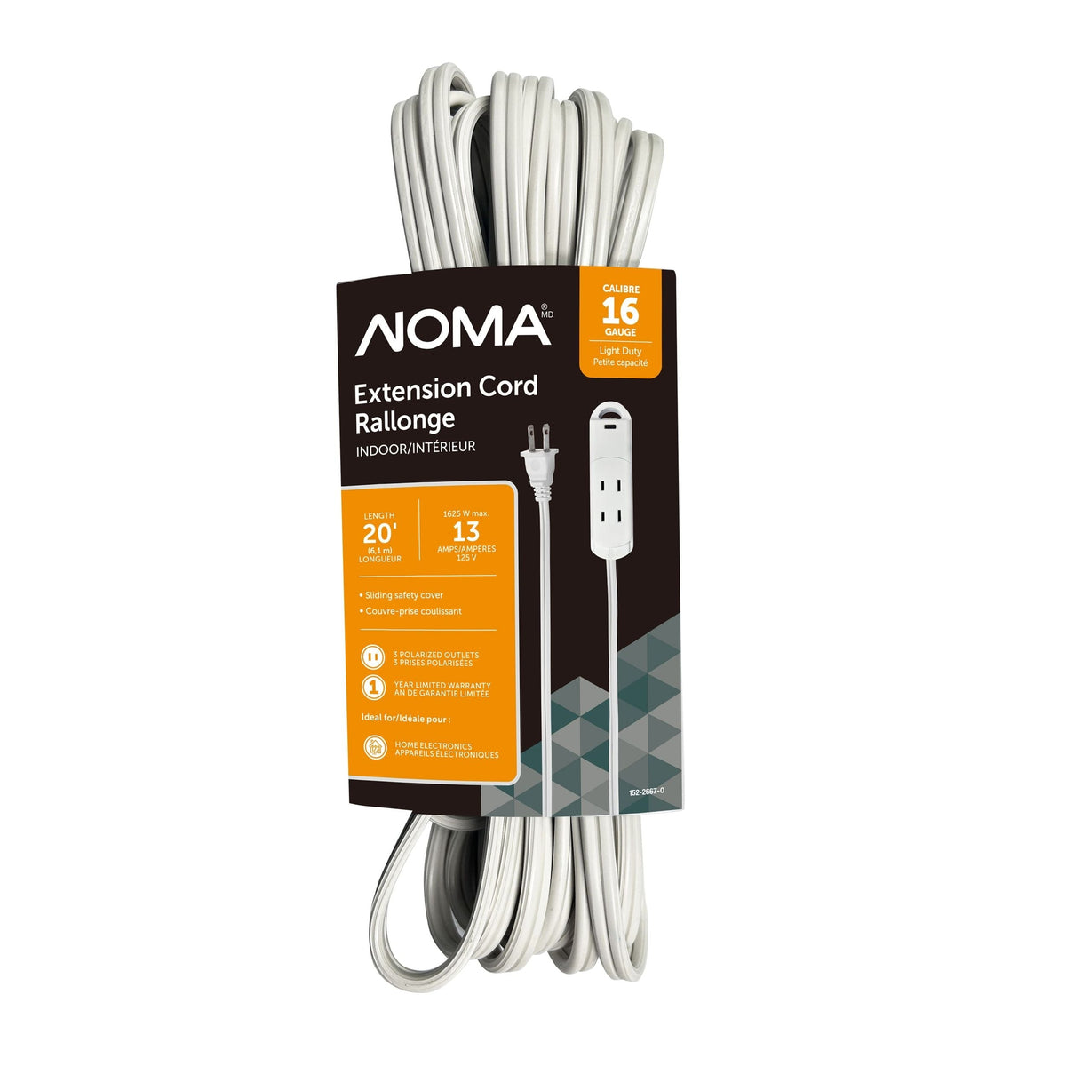 NOMA 20-ft 13A 3-Outlet/1-USB-C Light-Duty 16-Gauge White Indoor Extension Cord