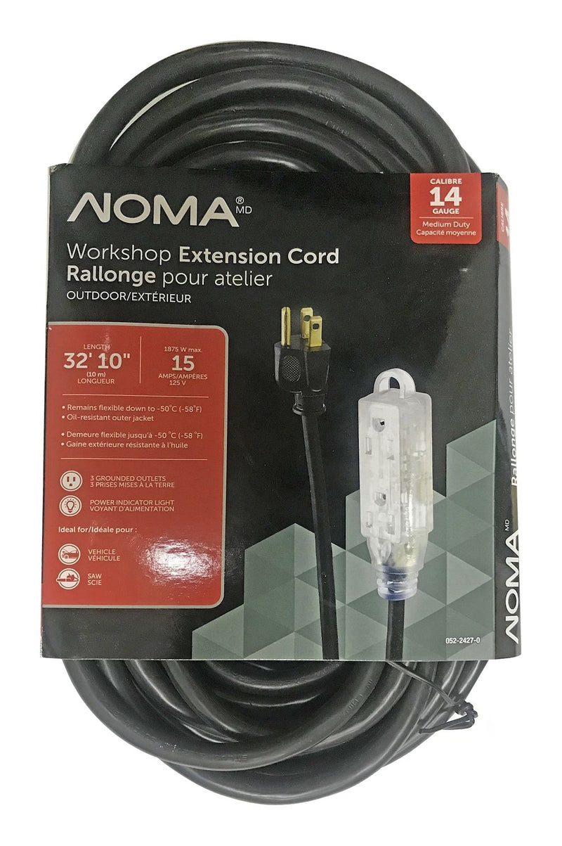 NOMA 32-ft 10-in 14/3 Outdoor Extension Cord with 3 Grounded Outlets and Lighted End, Black C3