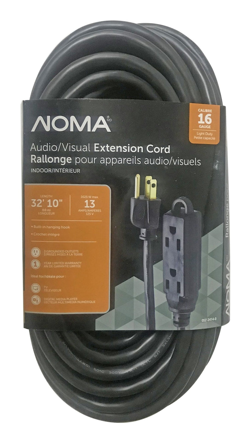 NOMA 32-ft 10-in 16/3 Light Duty Extension Cord with 3 Grounded Outlets. Audio / Visual, Black X7