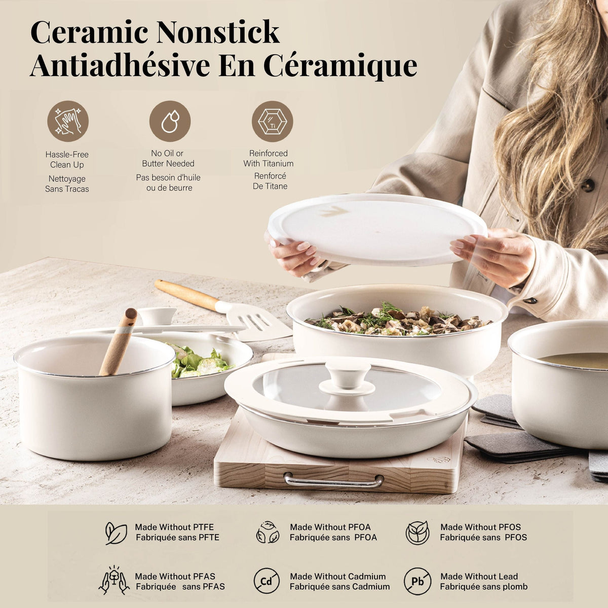 OB Gotham Steel Pots & Pan Set with Removable Handles, Cream, 18-pc
