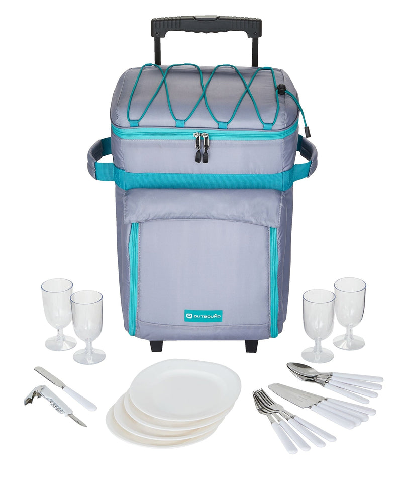 Outbound Wheeled Picnic Cooler with 21-Piece Cutlery/Plate Set, 18-Can D6
