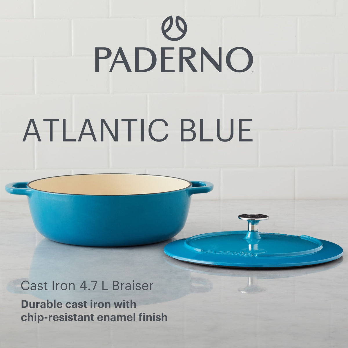 PADERNO Braiser, Durable Cast Iron, Oven Safe, Atlantic Blue, 5-qt