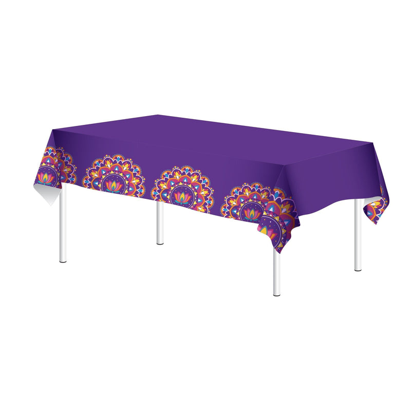 Rangoli Patterned Rectangle Plastic Reusable Table Cover, Multi-Coloured, 51x87-in, for Diwali A1