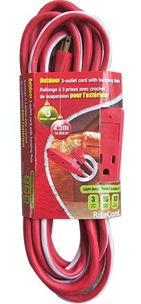 Ritecord 14-ft 7-in 16/3 Outdoor Extension Cord with 3 Grounded Outlets, Red/White/Green H0