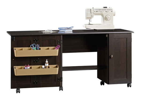 Sauder Folding Sewing & Craft Table/Storage Cart with Locking Wheels, Cinnamon Cherry Finish U5