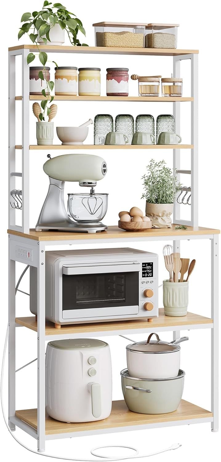 Songmics Home Oak/White Baker's Rack with 4 AC Outlets O3