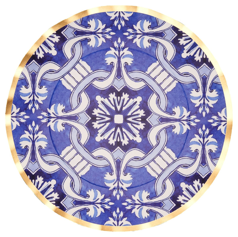 Sophistiplate Moroccan Nights Round Bordered Trimmed Paper Disposable Dinner Plates, Blue/Gold, Tile, 10-in, 8-pk, for Mother's Day/Easter B3