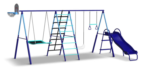 Sportspower Sunset Slam Kids' 7-Station LED Metal Swing Set Combo with Basketball Hoop & Slide Y4