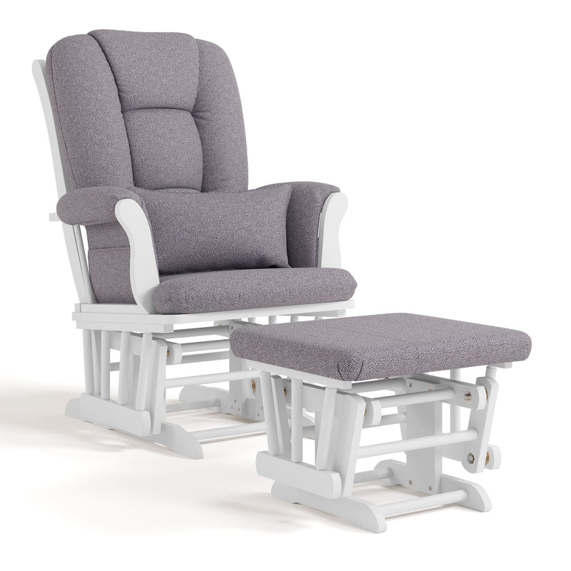 Storkcraft Tuscany Glider & Ottoman Set with Matching Lumbar Cushion, White with Grey Swirl B5