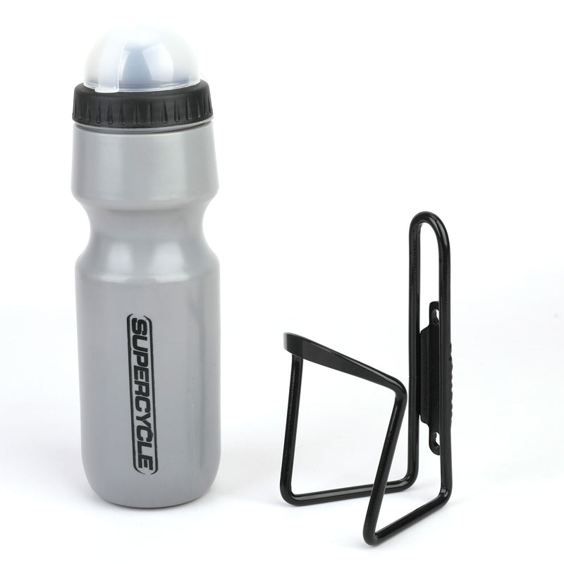Supercycle Wide Mouth Self-Sealing Bike Water Bottle withCage/Holder, BPA Free, Silver, 21-oz D9
