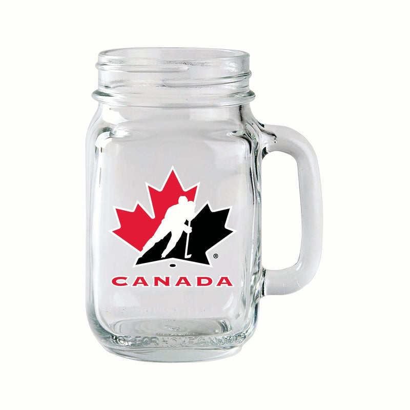 Team Canada/Hockey Canada Glass Mason Mug, Reusable Drinking Jar with Handle, Clear, 14-oz B3