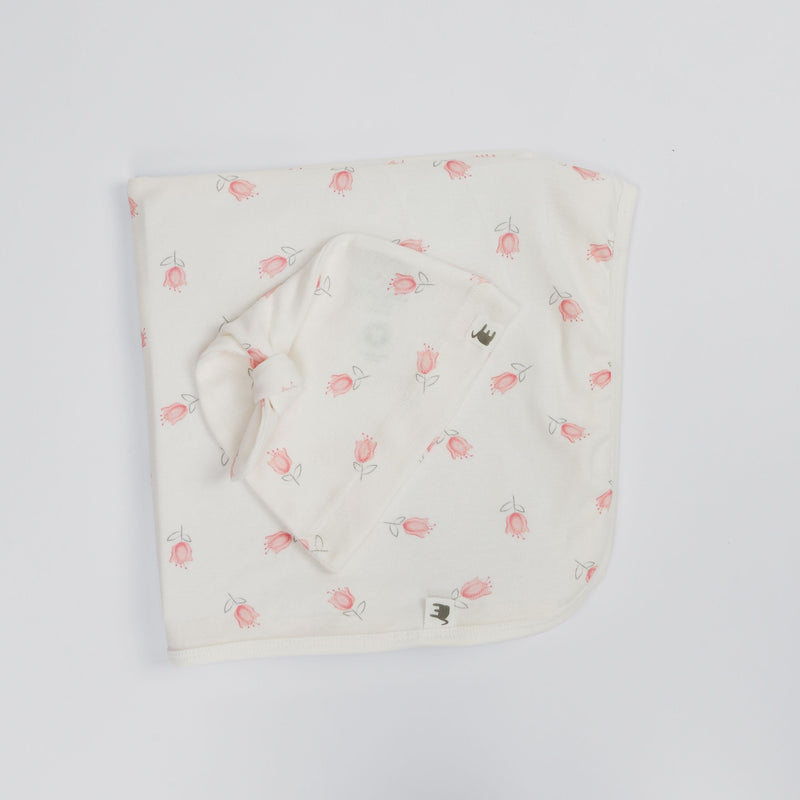 The Elk Baby Tulip Print Premium Organic Cotton Blanket and Beanie Set E4