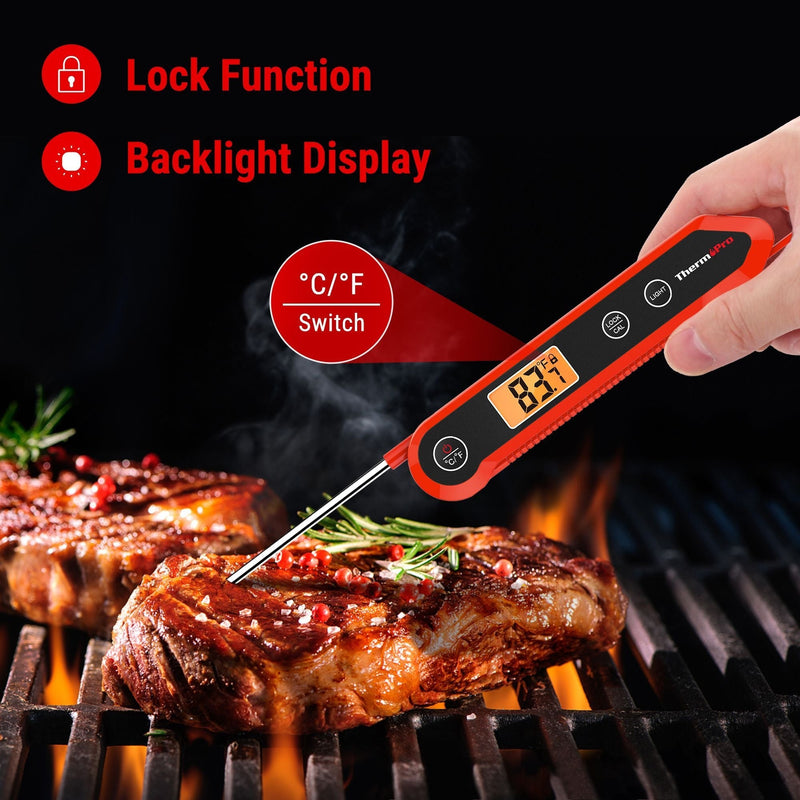 ThermoPro Waterproof Digital Instant-Read Folding Meat Thermometer with Swivel Probe, Black/Red X2