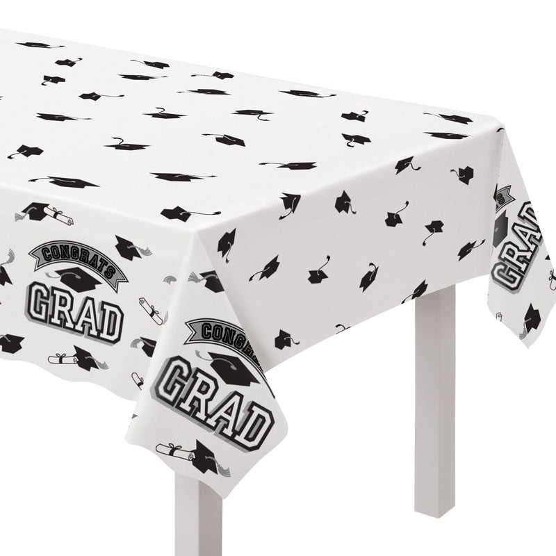 True to Your School "Congrats Grad" Rectangle Plastic Reusable Table Cover, Black/White, 54x84-in, for Graduation M4