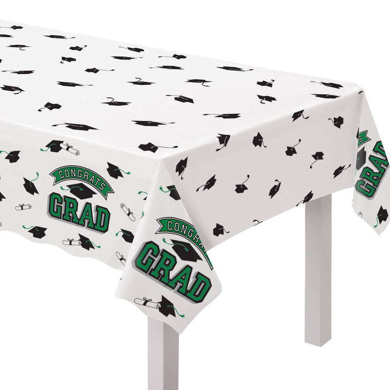 True to Your School "Congrats Grad" Rectangle Plastic Reusable Table Cover, Green, 54x84-in, for Graduation C1